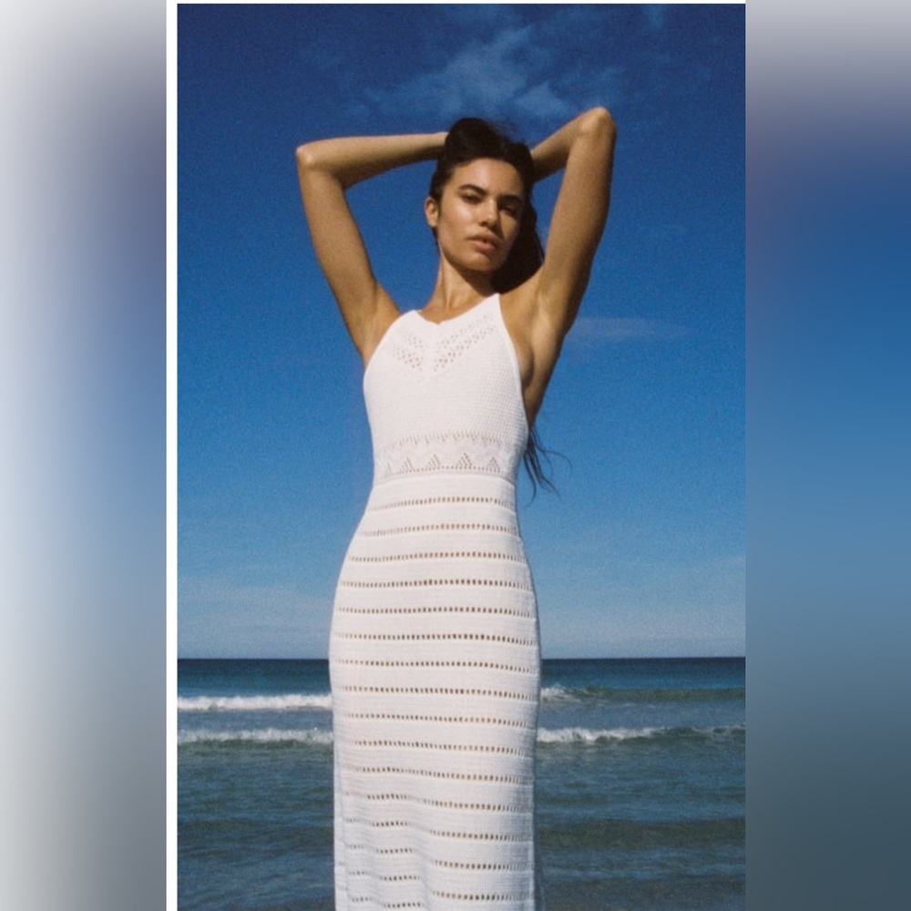 Zara White crochet Knit Open Back Dress size S
